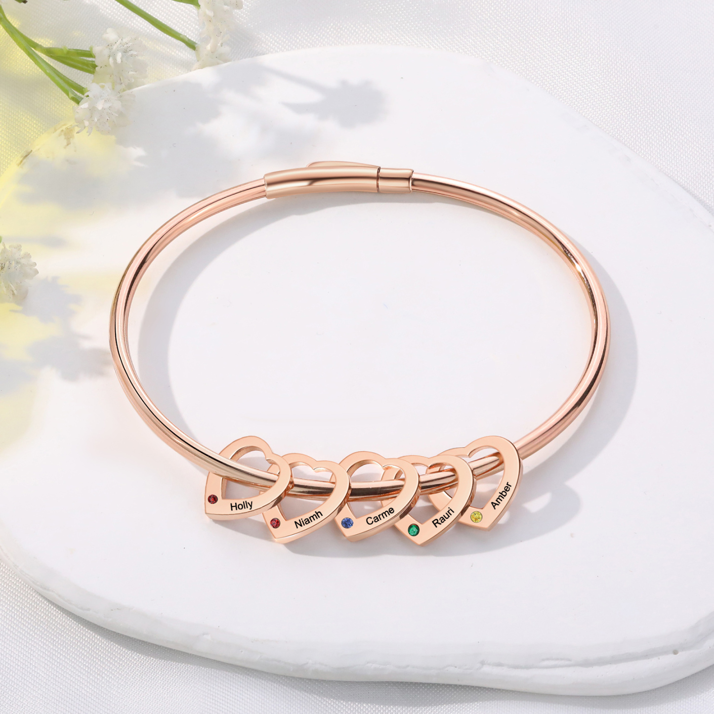 Bracelet Jonc Bracelet Coeur 5 Prénoms Personnalisés avec 5 Pierres de Naissance Argent Or | Jessemade