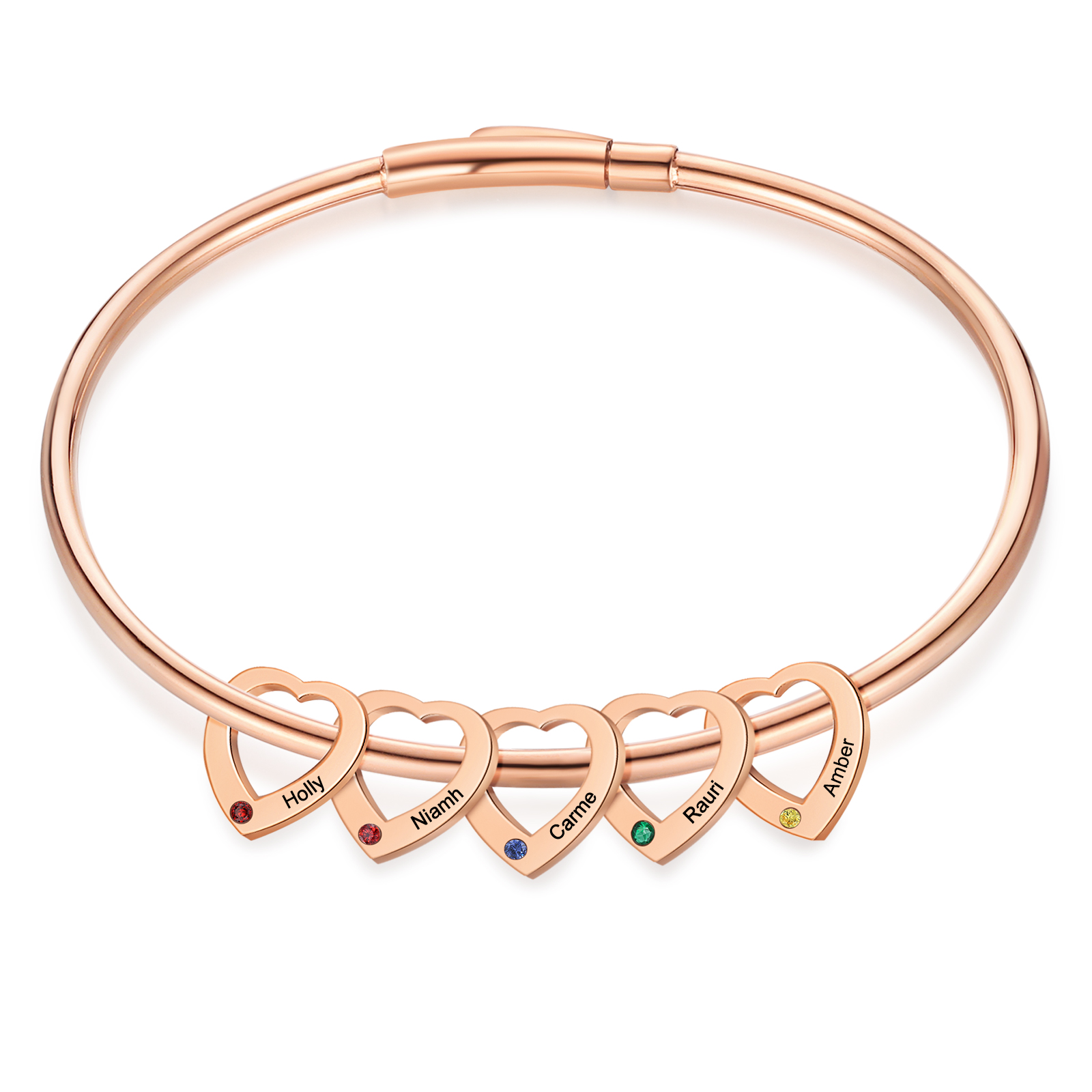 Bracelet Jonc Bracelet Coeur 5 Prénoms Personnalisés avec 5 Pierres de Naissance Argent Or | Jessemade