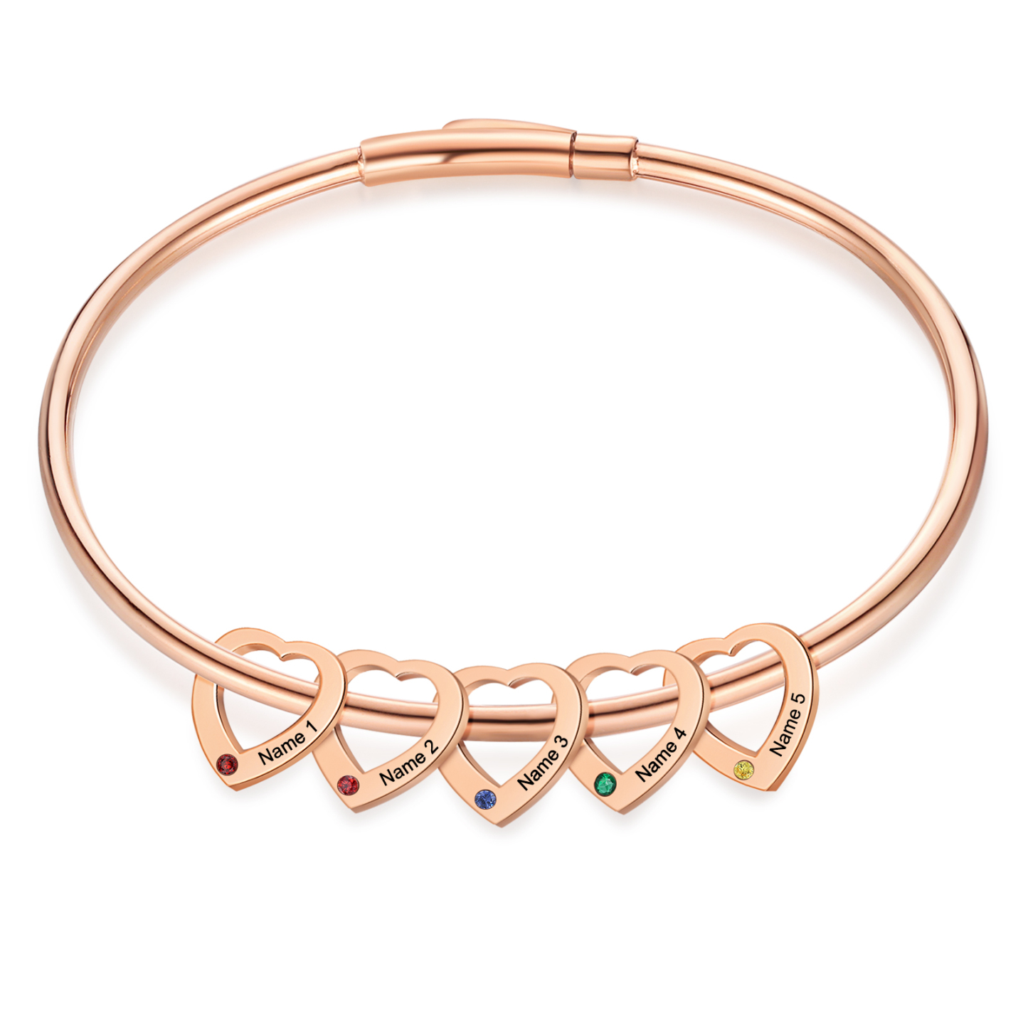 Bracelet Jonc Bracelet Coeur 5 Prénoms Personnalisés avec 5 Pierres de Naissance Argent Or | Jessemade
