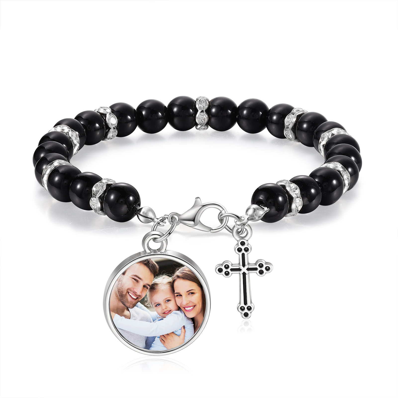Bracelet avec Photo et Croix bracelet personnalisé homme Noir Cadeau pour Homme｜Jessemade