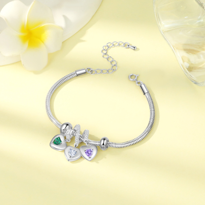 Bracelet Personnalisé avec 3 Prénoms et Pierres de Naissance Bracelet avec pendentif en forme de coeur pour Femme | Jessemade