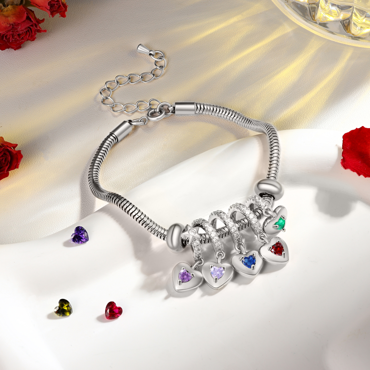 Bracelet Personnalisé avec 5 Prénoms et Pierres de Naissance Bracelet avec pendentif en forme de coeur pour Femme | Jessemade