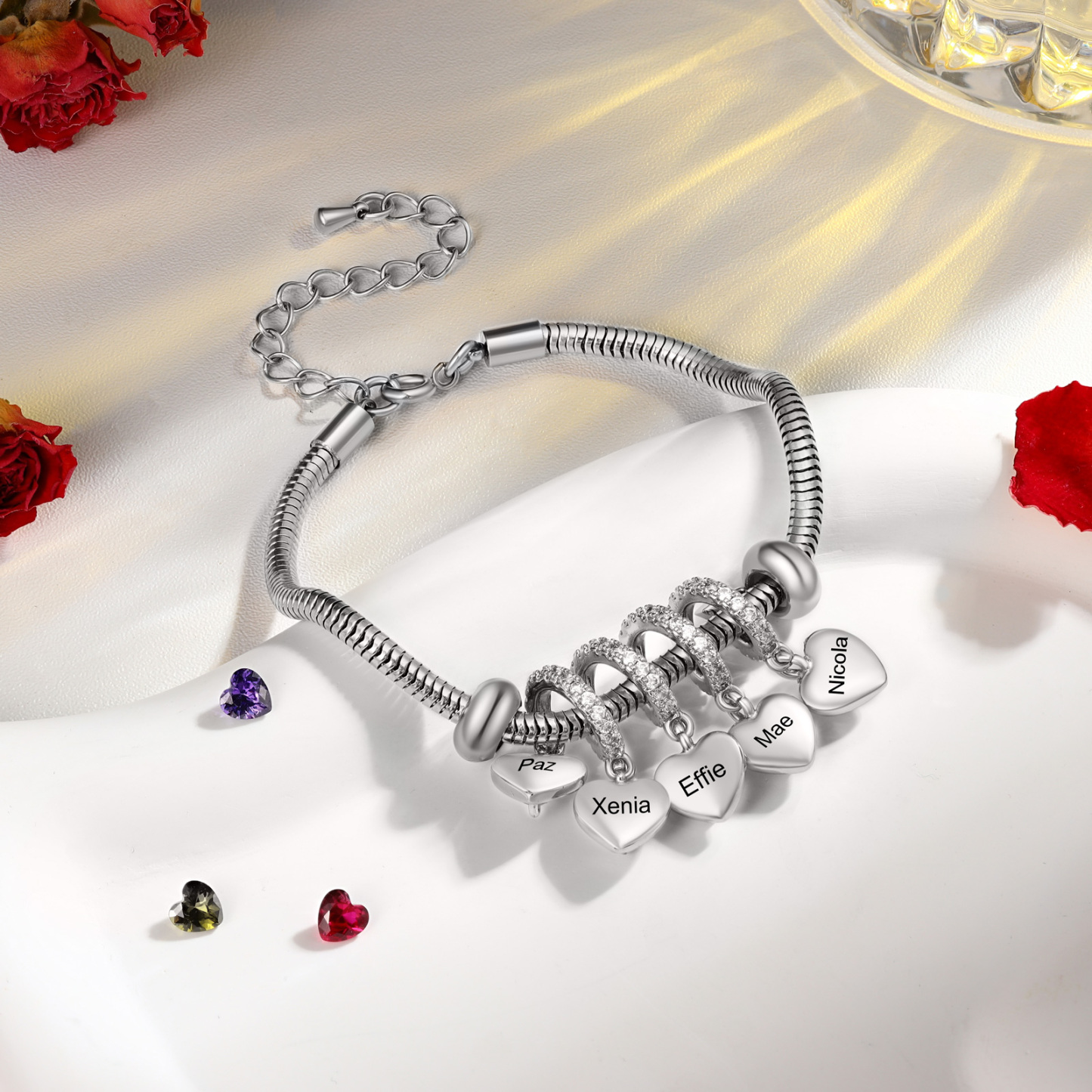 Bracelet Personnalisé avec 5 Prénoms et Pierres de Naissance Bracelet avec pendentif en forme de coeur pour Femme | Jessemade
