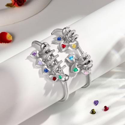 Bracelet Personnalisé avec 5 Prénoms et Pierres de Naissance Bracelet avec pendentif en forme de coeur pour Femme | Jessemade