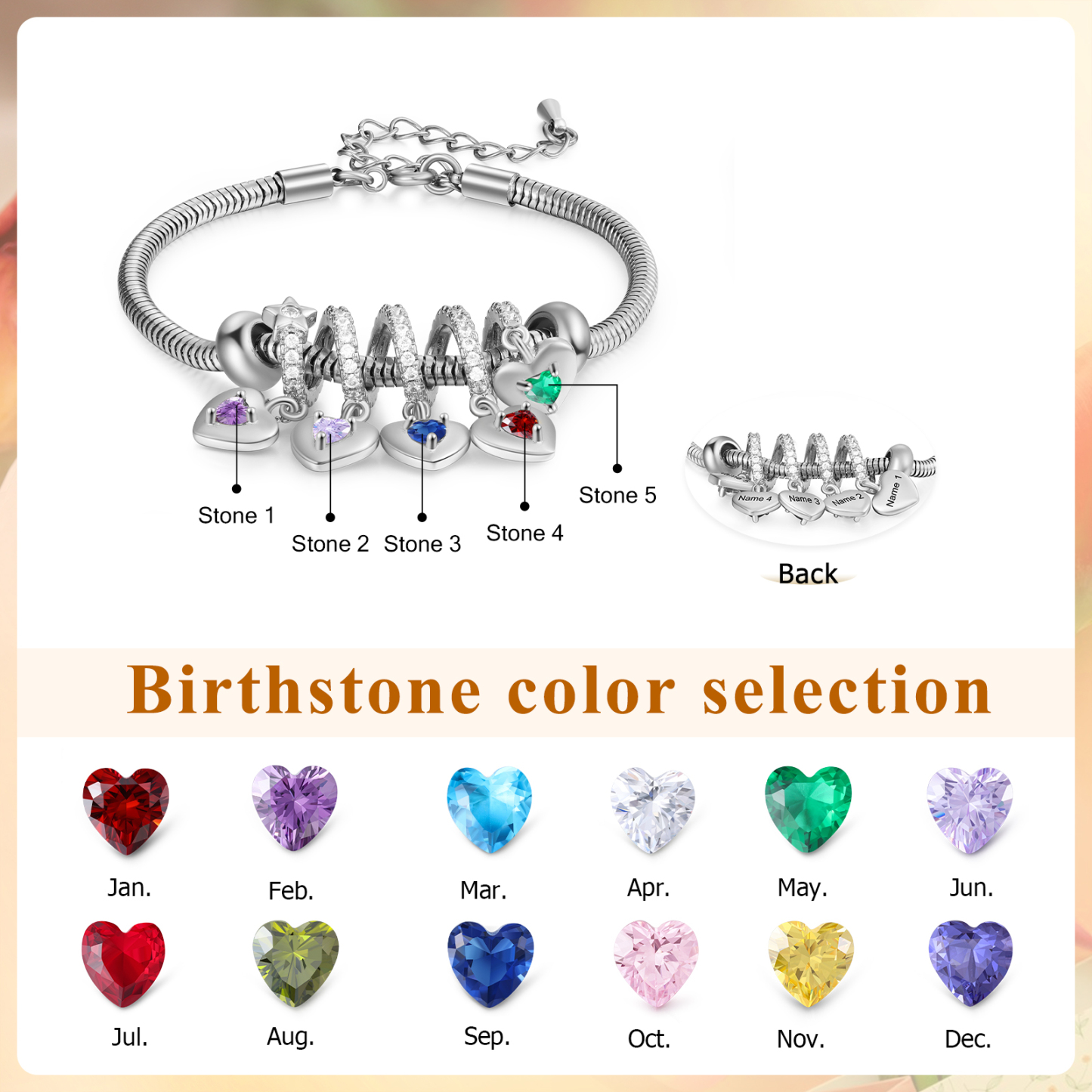 Bracelet Personnalisé avec 5 Prénoms et Pierres de Naissance Bracelet avec pendentif en forme de coeur pour Femme | Jessemade