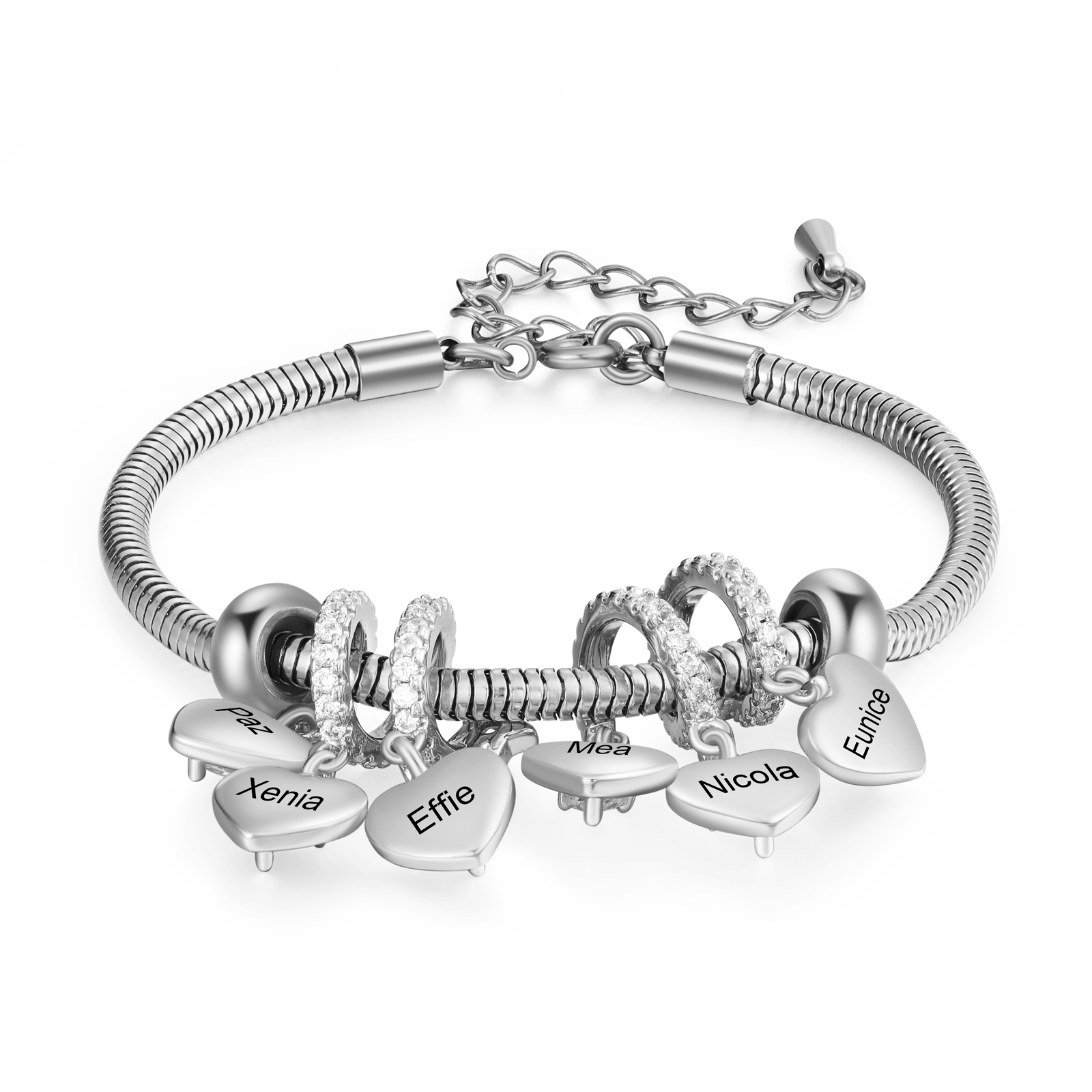 Bracelet Personnalisé avec 6 Prénoms et Pierres de Naissance Bracelet avec pendentif en forme de coeur pour Femme | Jessemade