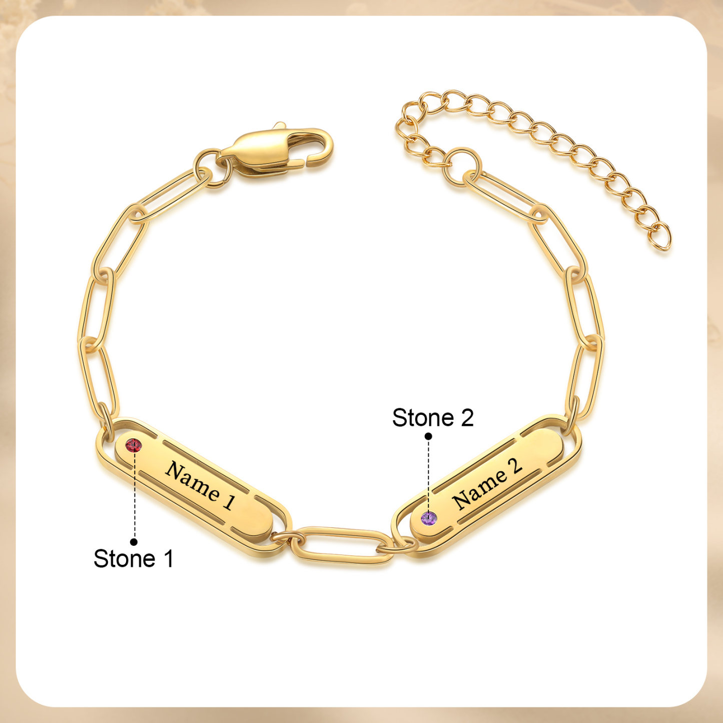 Bracelet Personnalisé avec 2 Prénoms et 2 Pierres de Naissance Bracelet Personnalisé pour Femme|Jessemade