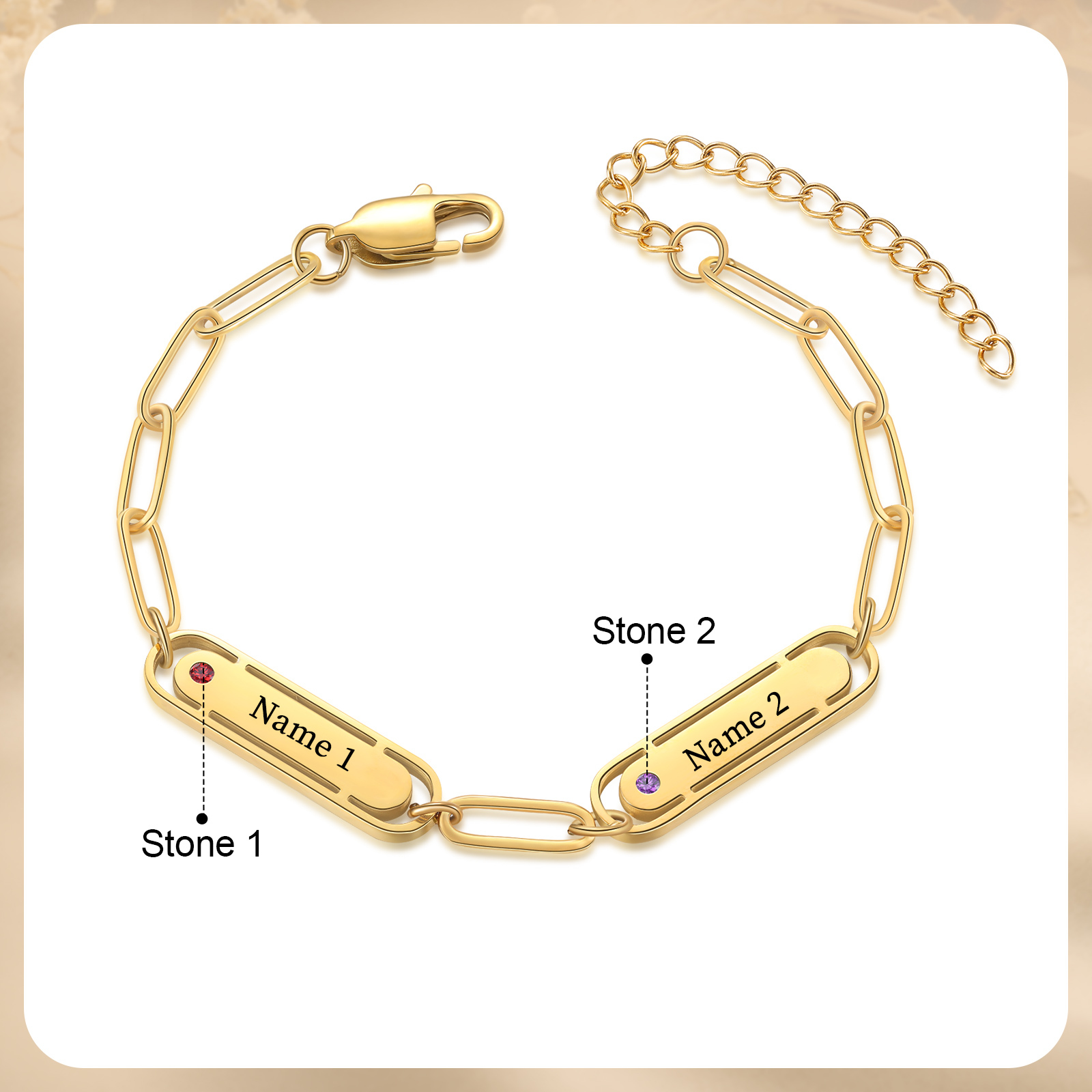 Bracelet Personnalisé avec 2 Prénoms et 2 Pierres de Naissance Bracelet Personnalisé pour Femme|Jessemade