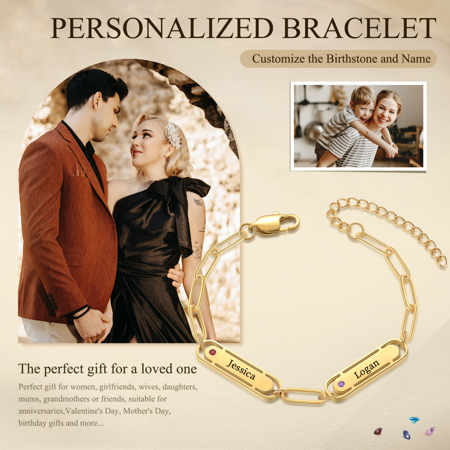 Bracelet Personnalisé avec 2 Prénoms et 2 Pierres de Naissance Bracelet Personnalisé pour Femme|Jessemade
