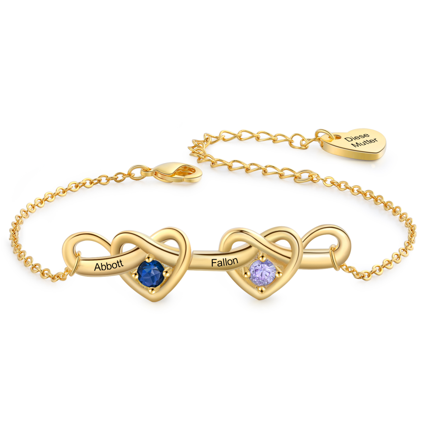 Bracelet 2 Prénoms Personnalisés avec 2 Pierres de Naissance Bracelet Personalisable pour Femme | Jessemade