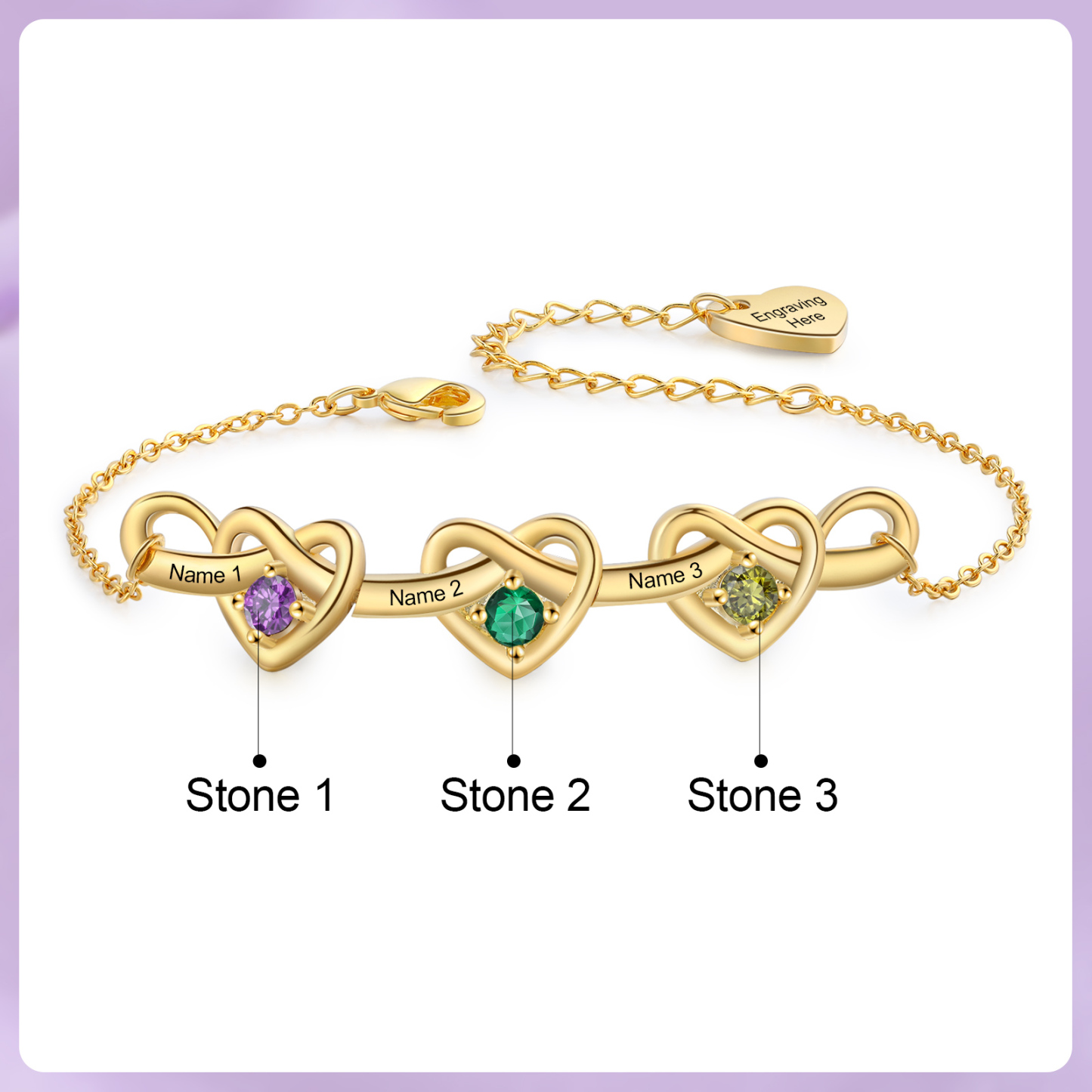 Bracelet 3 Prénoms Personnalisés avec 3 Pierres de Naissance Bracelet Personalisable pour Femme | Jessemade