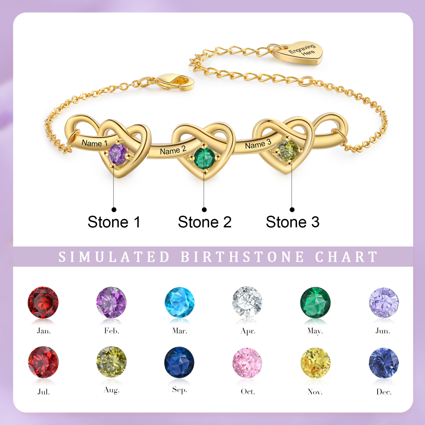 Bracelet 3 Prénoms Personnalisés avec 3 Pierres de Naissance Bracelet Personalisable pour Femme | Jessemade
