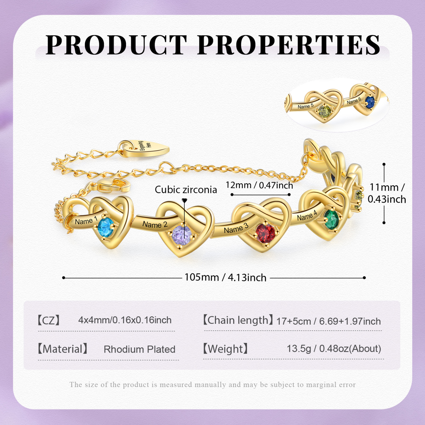 Bracelet 6 Prénoms Personnalisés avec 6 Pierres de Naissance Bracelet Personalisable pour Femme | Jessemade