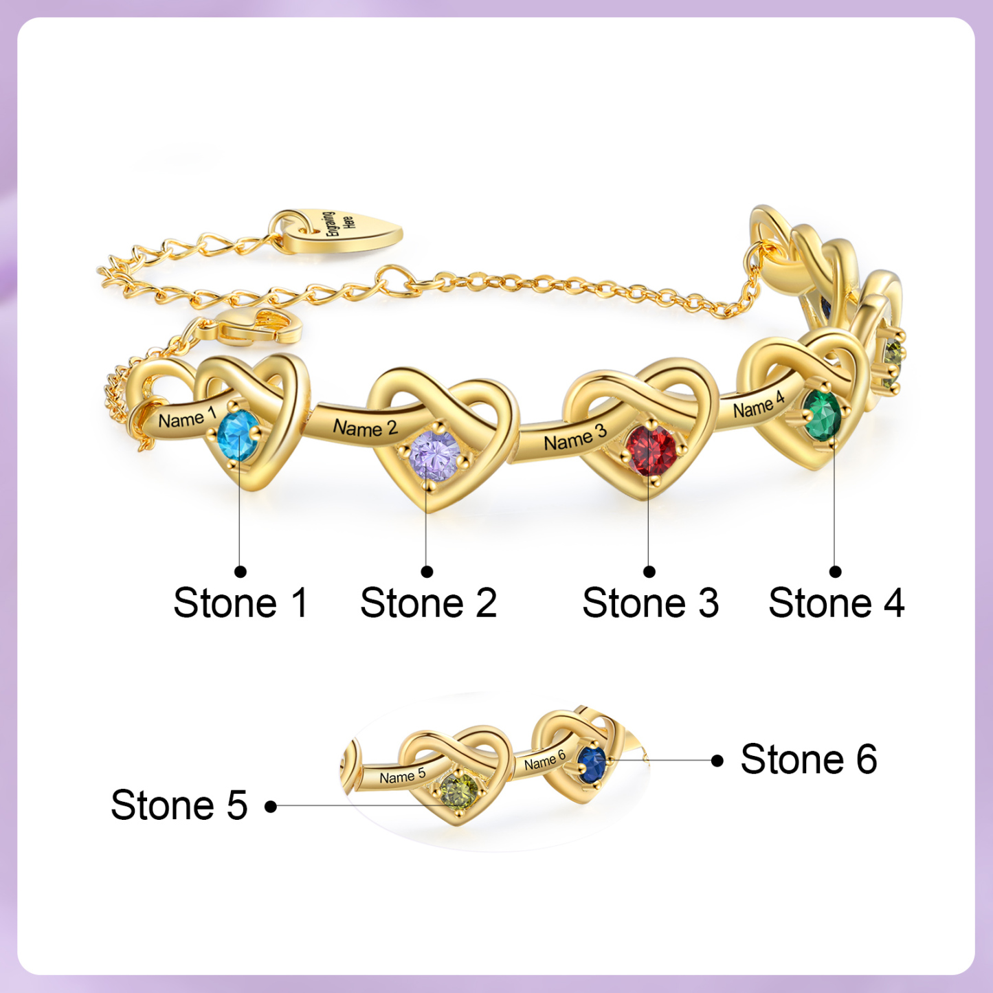 Bracelet 6 Prénoms Personnalisés avec 6 Pierres de Naissance Bracelet Personalisable pour Femme | Jessemade