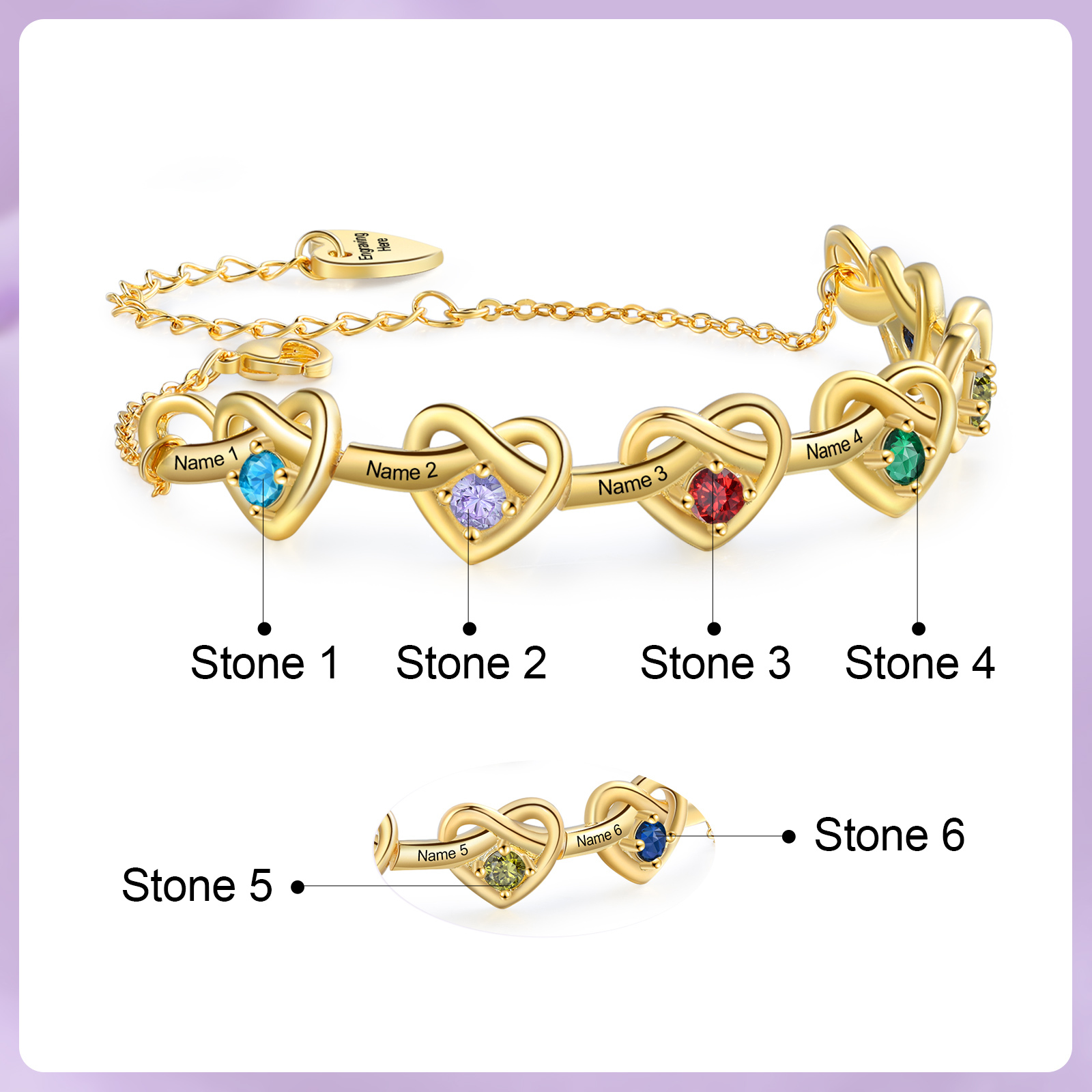 Bracelet 6 Prénoms Personnalisés avec 6 Pierres de Naissance Bracelet Personalisable pour Femme | Jessemade