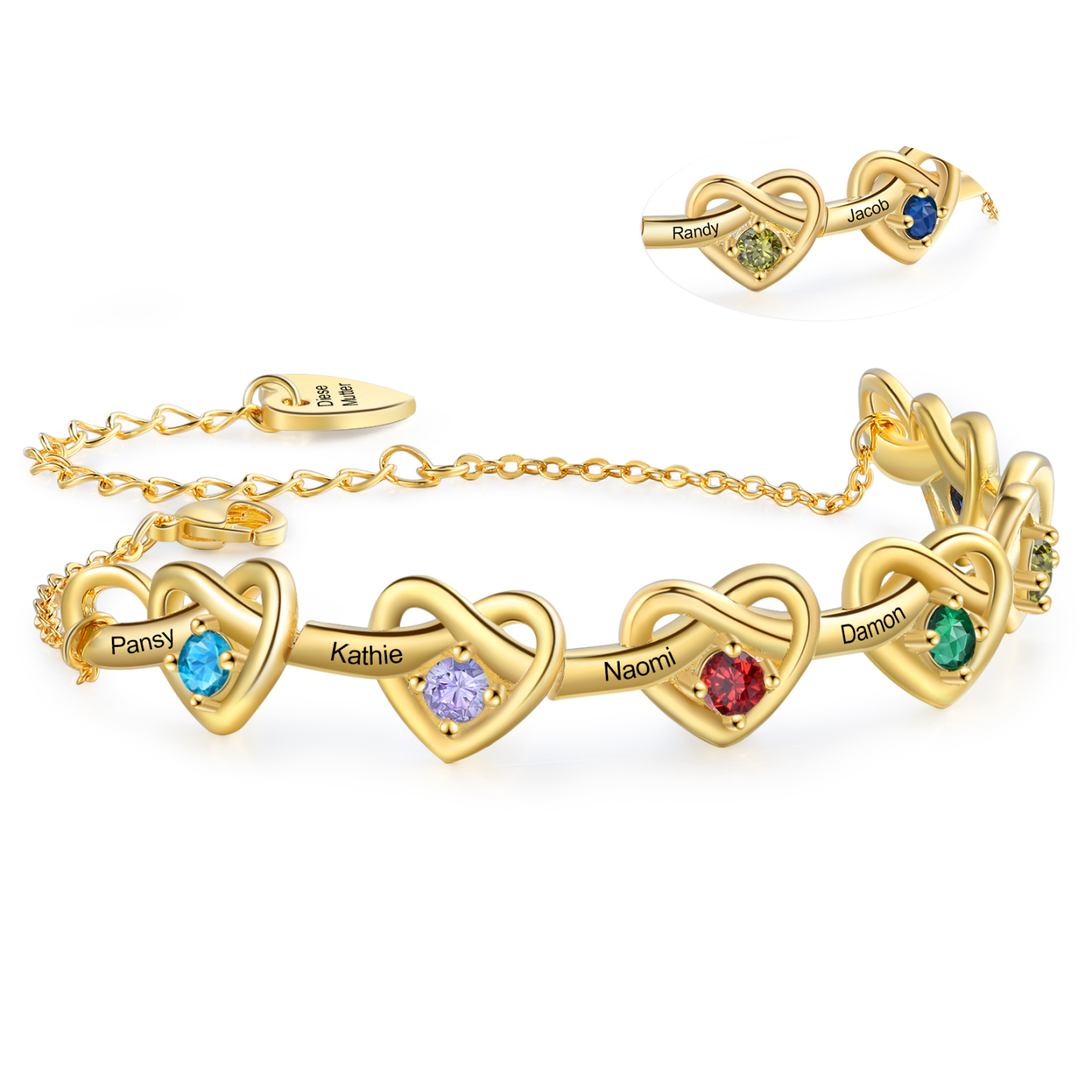 Bracelet 6 Prénoms Personnalisés avec 6 Pierres de Naissance Bracelet Personalisable pour Femme | Jessemade