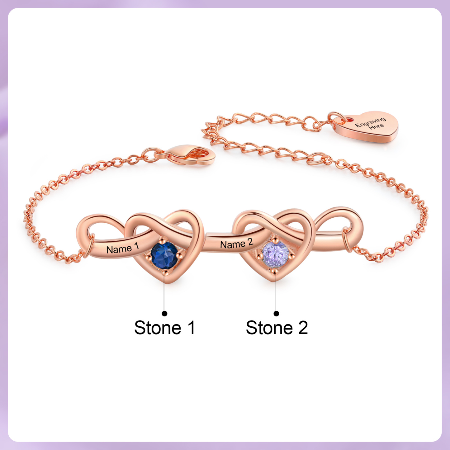 Bracelet 2 Prénoms Personnalisés avec 2 Pierres de Naissance Bracelet Personalisable pour Femme | Jessemade