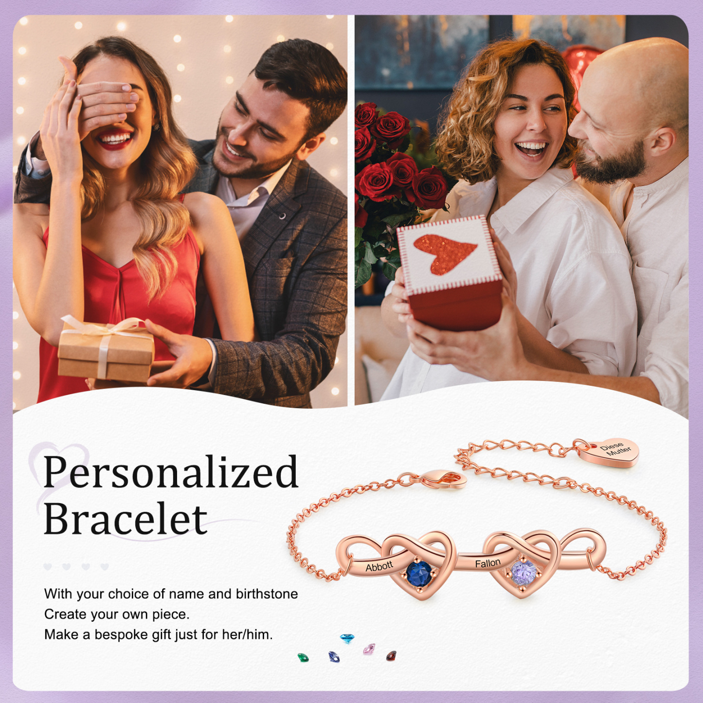Bracelet 2 Prénoms Personnalisés avec 2 Pierres de Naissance Bracelet Personalisable pour Femme | Jessemade