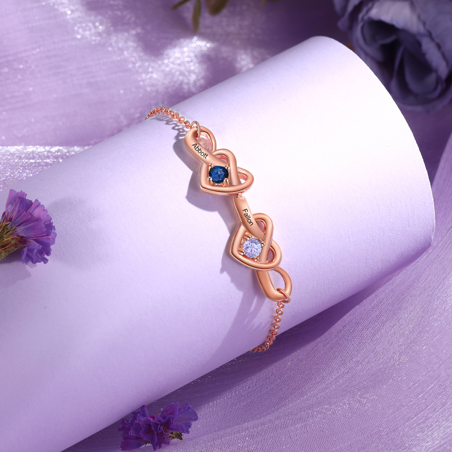 Bracelet 2 Prénoms Personnalisés avec 2 Pierres de Naissance Bracelet Personalisable pour Femme | Jessemade