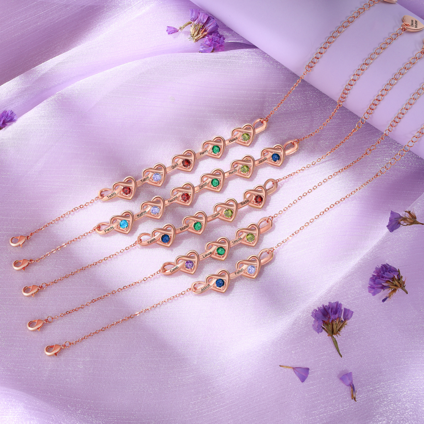 Bracelet 2 Prénoms Personnalisés avec 2 Pierres de Naissance Bracelet Personalisable pour Femme | Jessemade