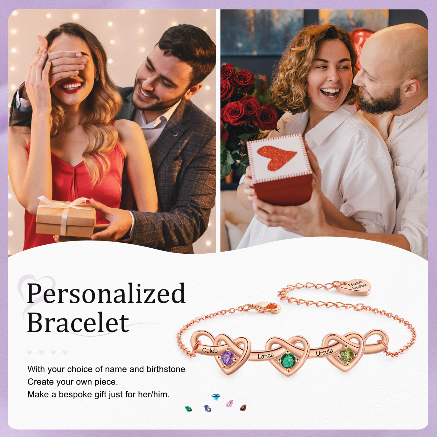 Bracelet 3 Prénoms Personnalisés avec 3 Pierres de Naissance Bracelet Personalisable pour Femme | Jessemade