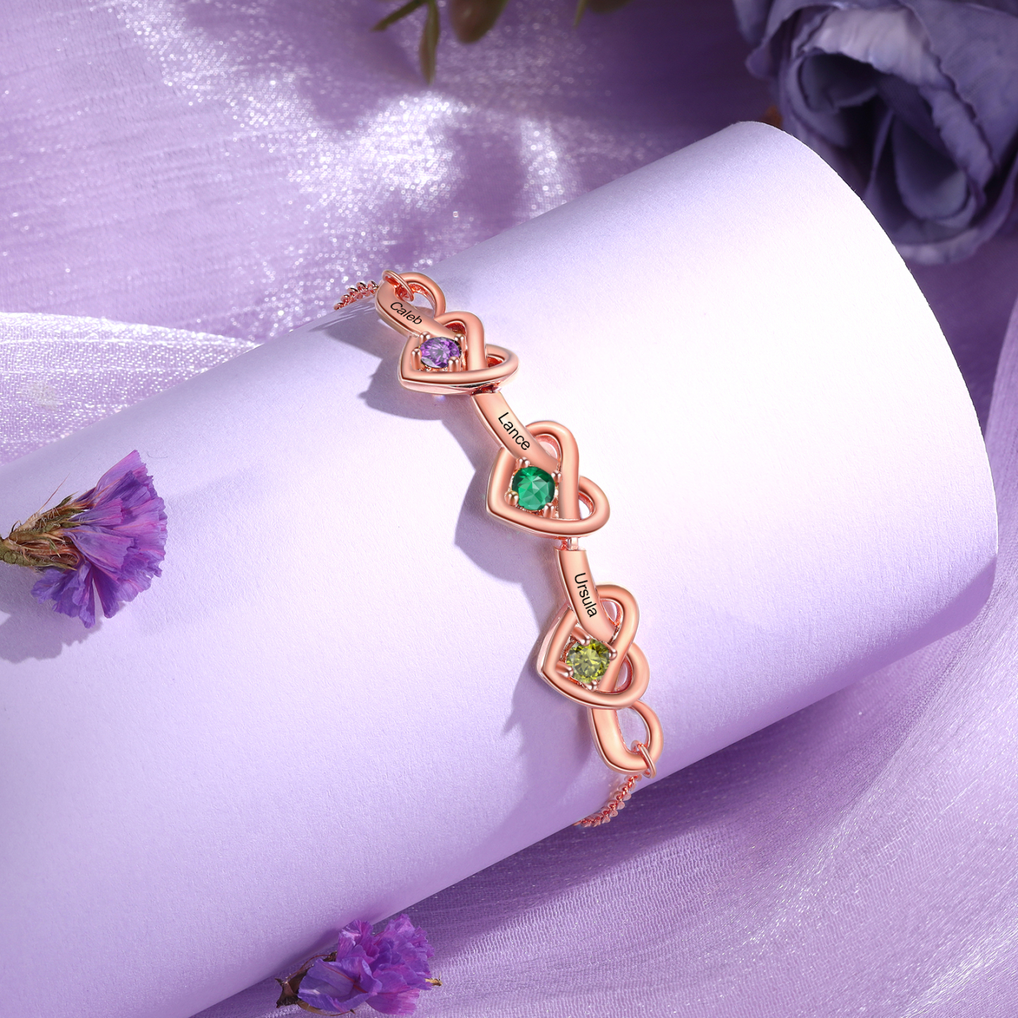Bracelet 3 Prénoms Personnalisés avec 3 Pierres de Naissance Bracelet Personalisable pour Femme | Jessemade