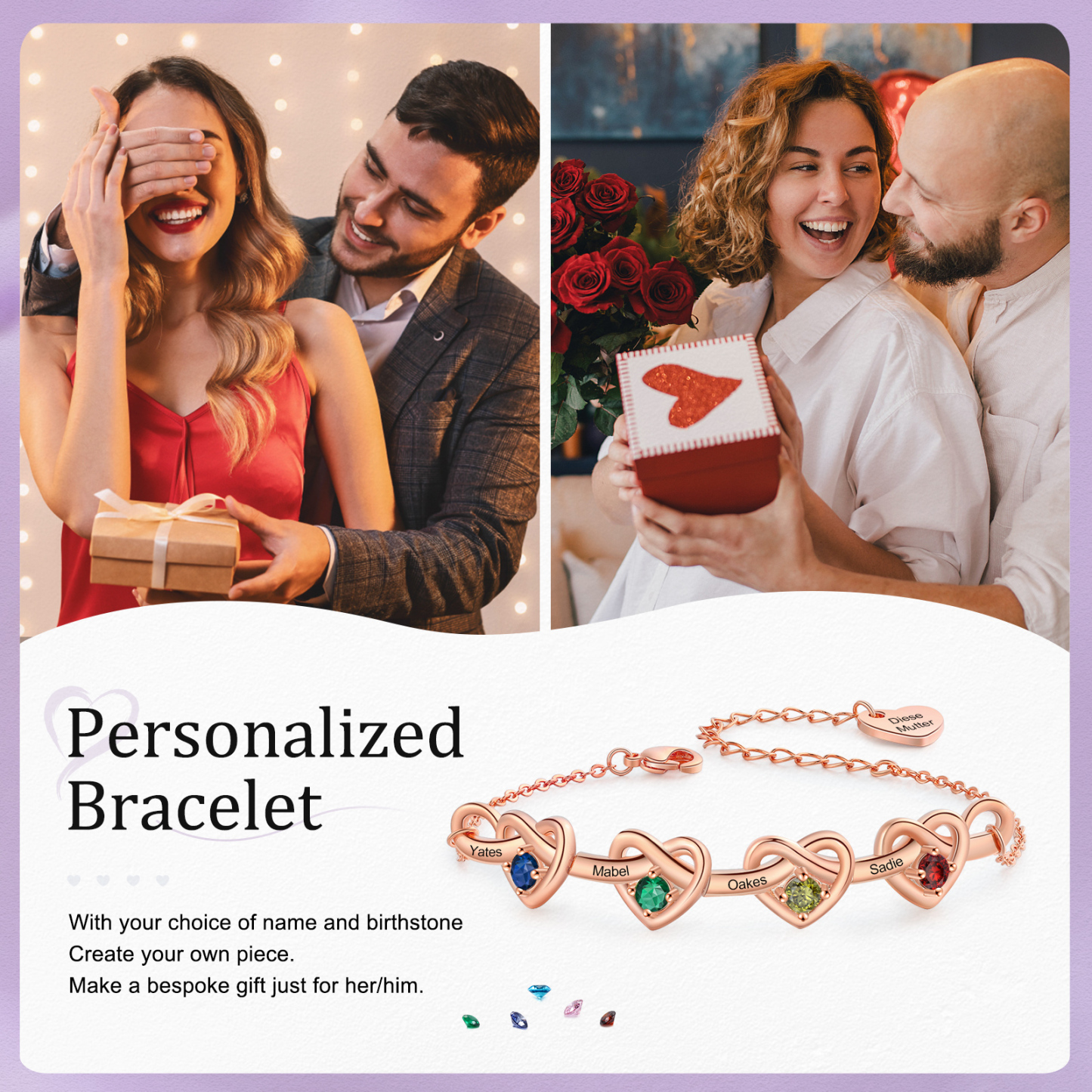 Bracelet 4 Prénoms Personnalisés avec 4 Pierres de Naissance Bracelet Personalisable pour Femme | Jessemade