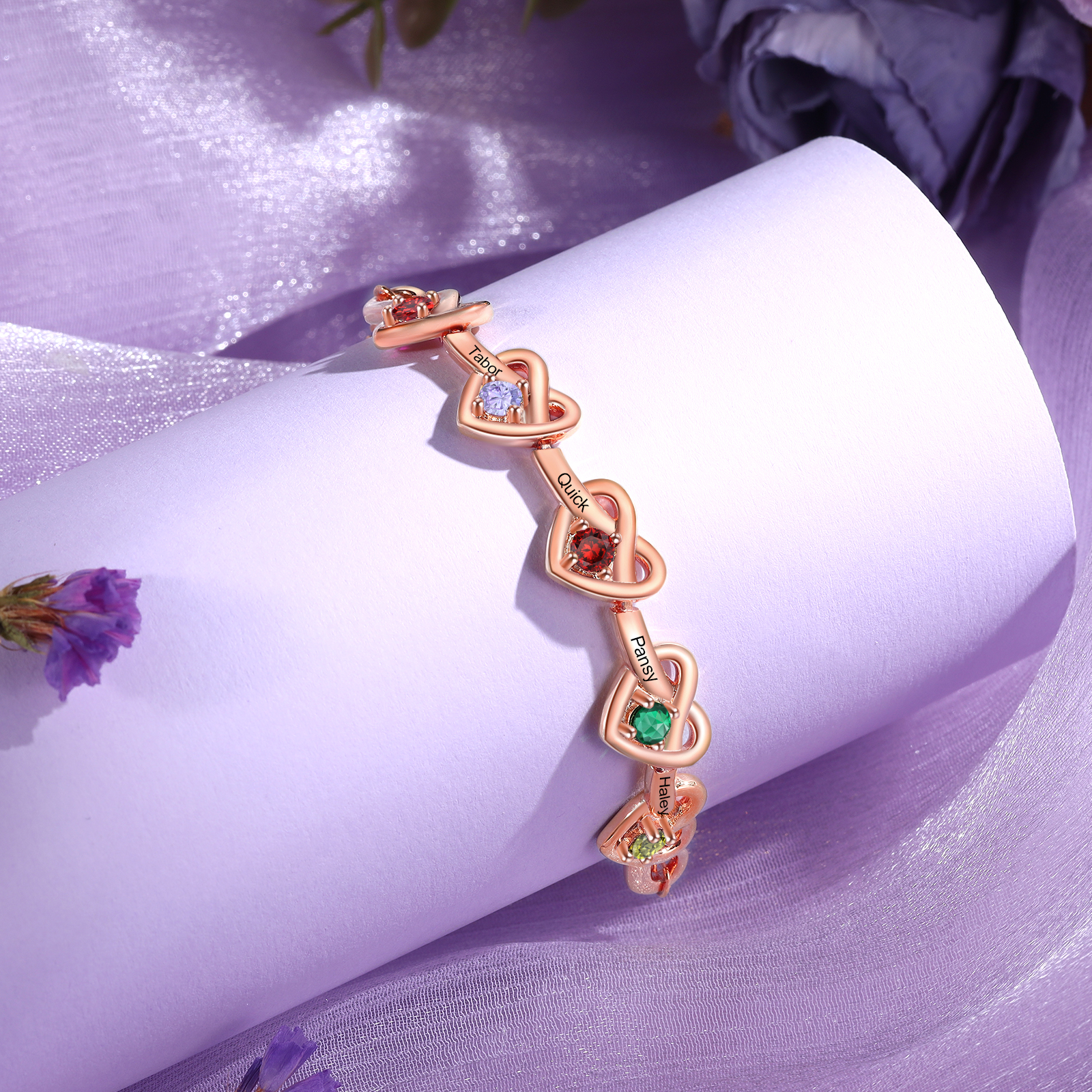 Bracelet 5 Prénoms Personnalisés avec 5 Pierres de Naissance Bracelet Personalisable pour Femme | Jessemade