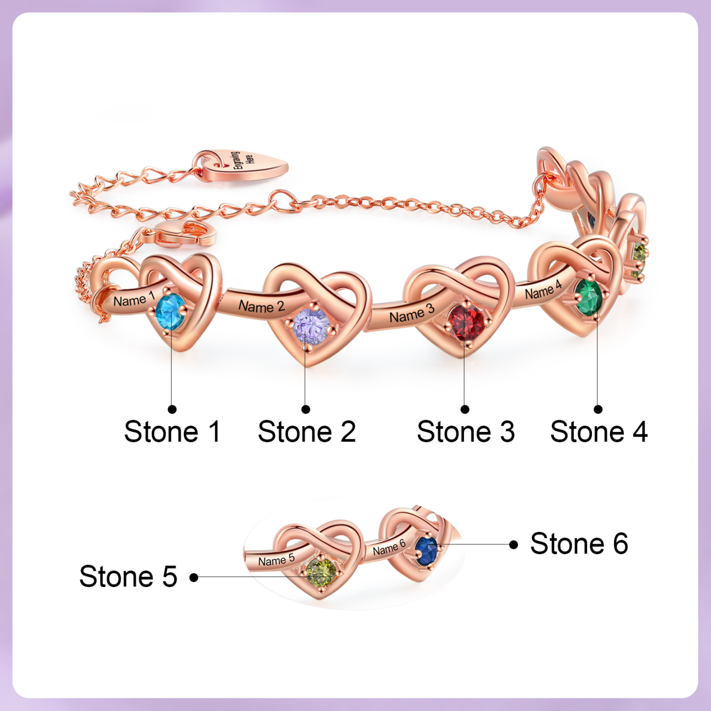 Bracelet 6 Prénoms Personnalisés avec 6 Pierres de Naissance Bracelet Personalisable pour Femme | Jessemade