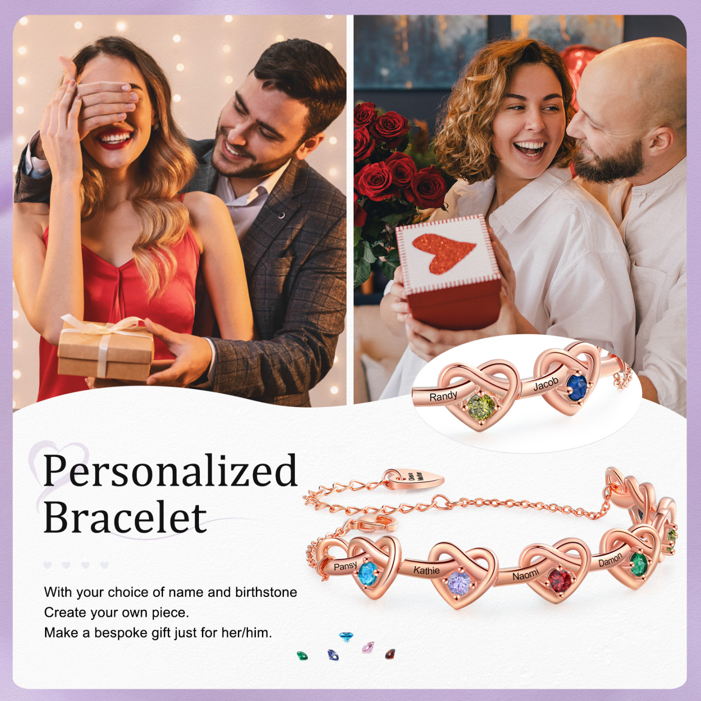 Bracelet 6 Prénoms Personnalisés avec 6 Pierres de Naissance Bracelet Personalisable pour Femme | Jessemade