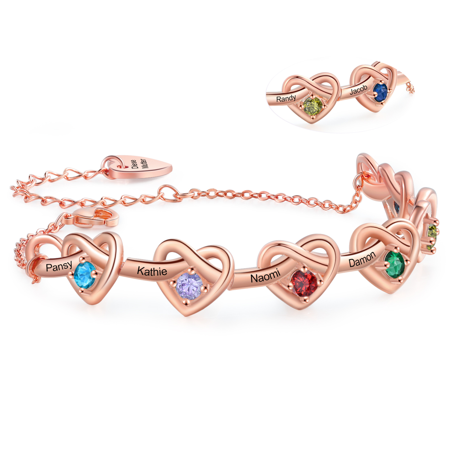 Bracelet 6 Prénoms Personnalisés avec 6 Pierres de Naissance Bracelet Personalisable pour Femme | Jessemade