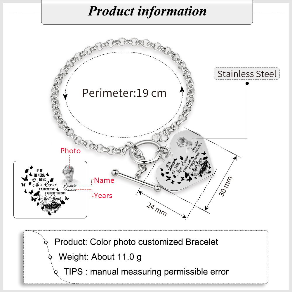 Bracelet Personnalisé en Acier Inoxydable avec Photo et Gravure bracelet personnalisé en forme de Coeur|Jessemade