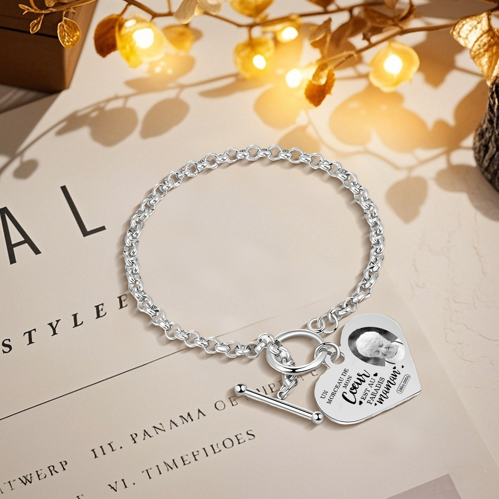 Bracelet Personnalisé en acier inoxydable avec Gravure et Photo bracelet personnalisé Coeur commémoratif｜Jessemade