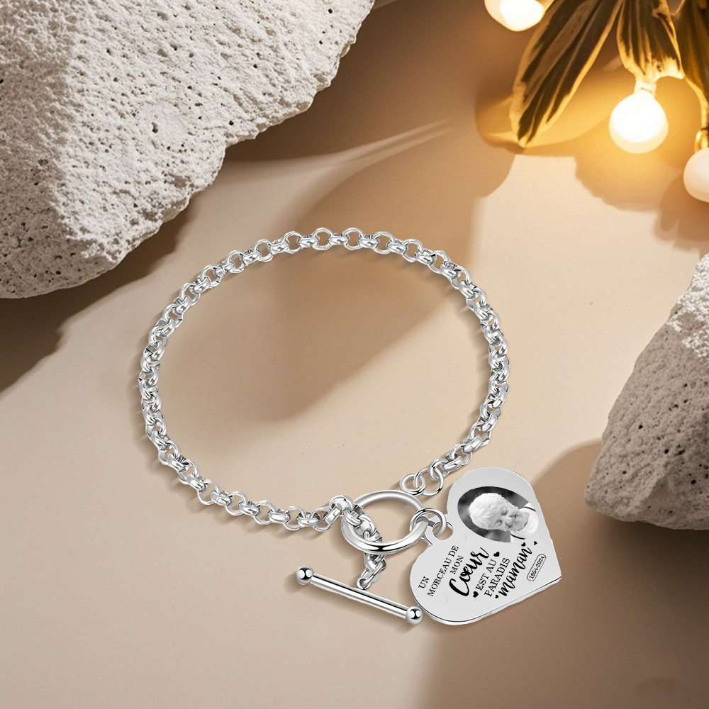 Bracelet Personnalisé en acier inoxydable avec Gravure et Photo bracelet personnalisé Coeur commémoratif｜Jessemade