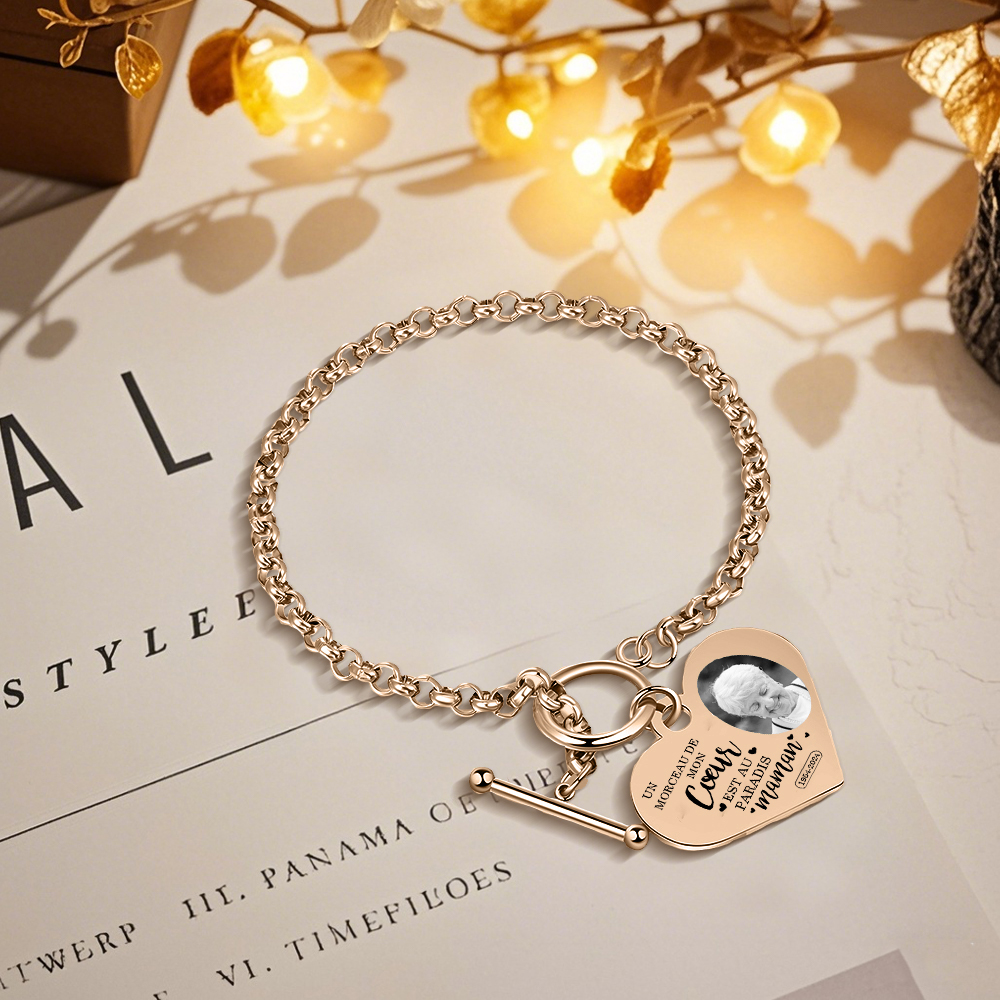 Bracelet Personnalisé en acier inoxydable avec Gravure et Photo bracelet personnalisé Coeur commémoratif｜Jessemade