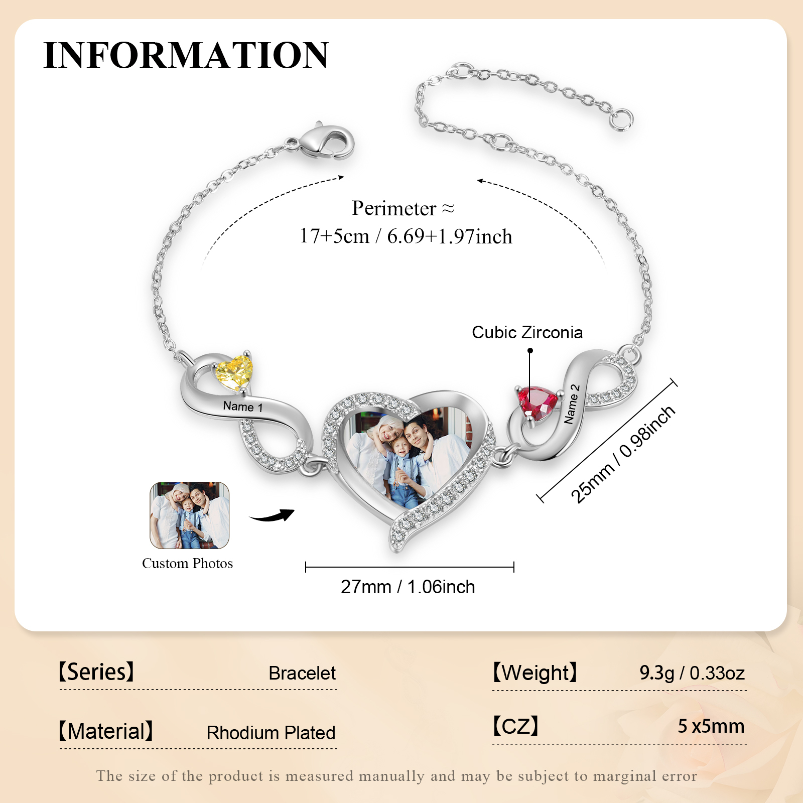 Bracelet Infini Photo Personnalisée avec 2 Prénoms et Pierres de Naissance Bracelet Personalisable pour Femme | Jessemade