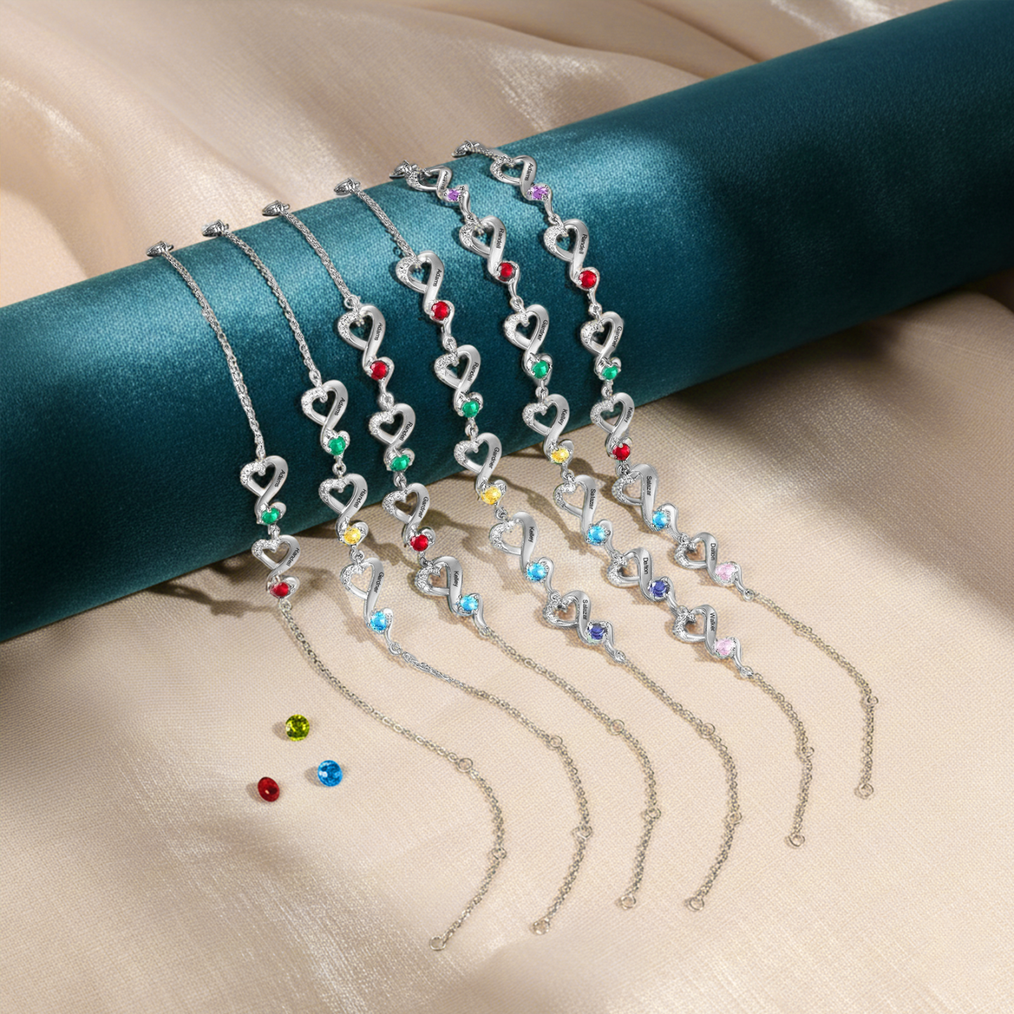 Bracelet Coeur Personnalisé avec 2-7 Prénoms et 2-7 Pierres de Naissance Bracelet Infini Personalisable pour Femme | Jessemade