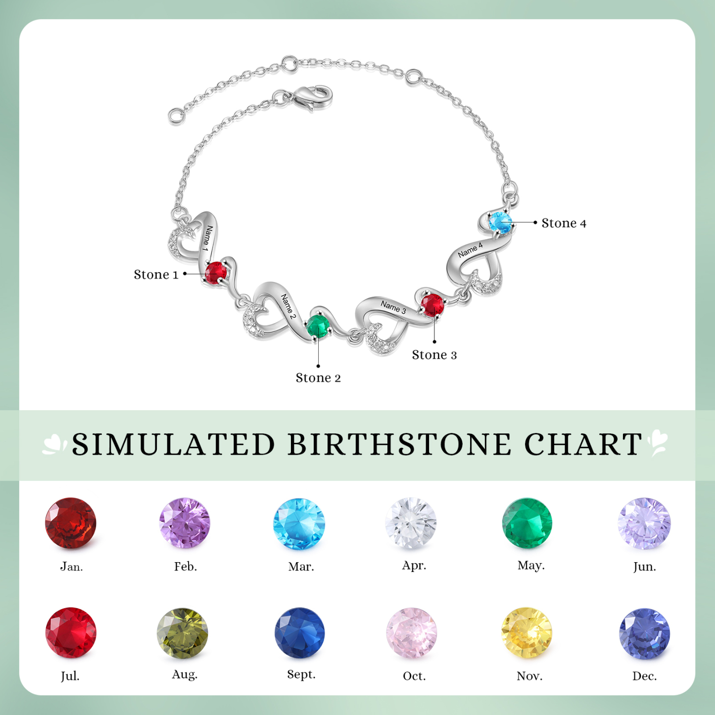 Bracelet Coeur Personnalisé avec 4 Prénoms et 4 Pierres de Naissance Bracelet Infini Personalisable pour Femme | Jessemade