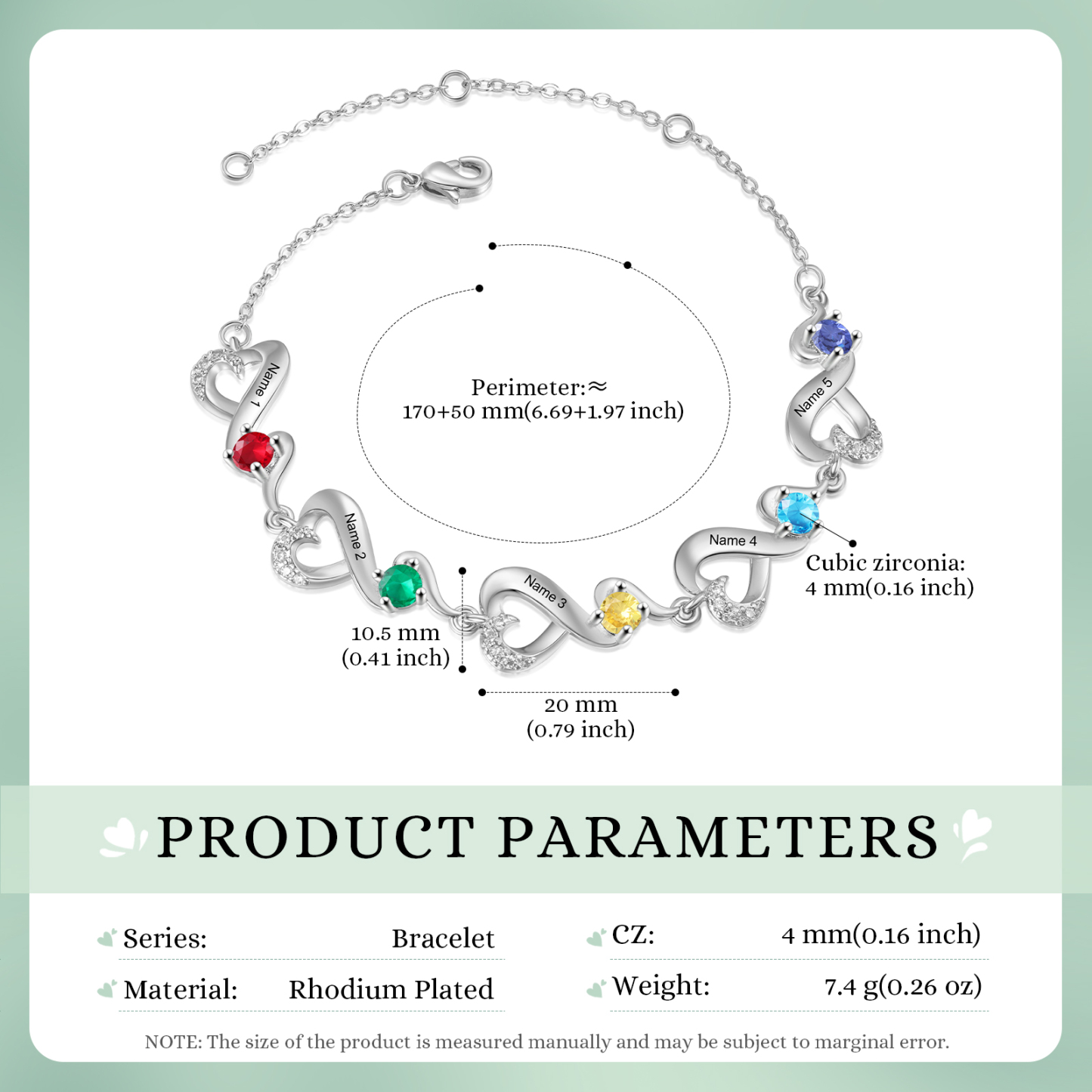 Bracelet Coeur Personnalisé avec 5 Prénoms et 5 Pierres de Naissance Bracelet Infini Personalisable pour Femme | Jessemade