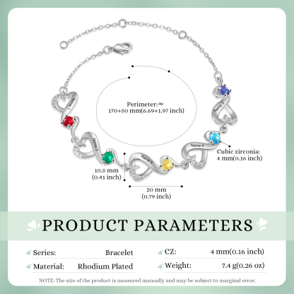 Bracelet Coeur Personnalisé avec 5 Prénoms et 5 Pierres de Naissance Bracelet Infini Personalisable pour Femme | Jessemade