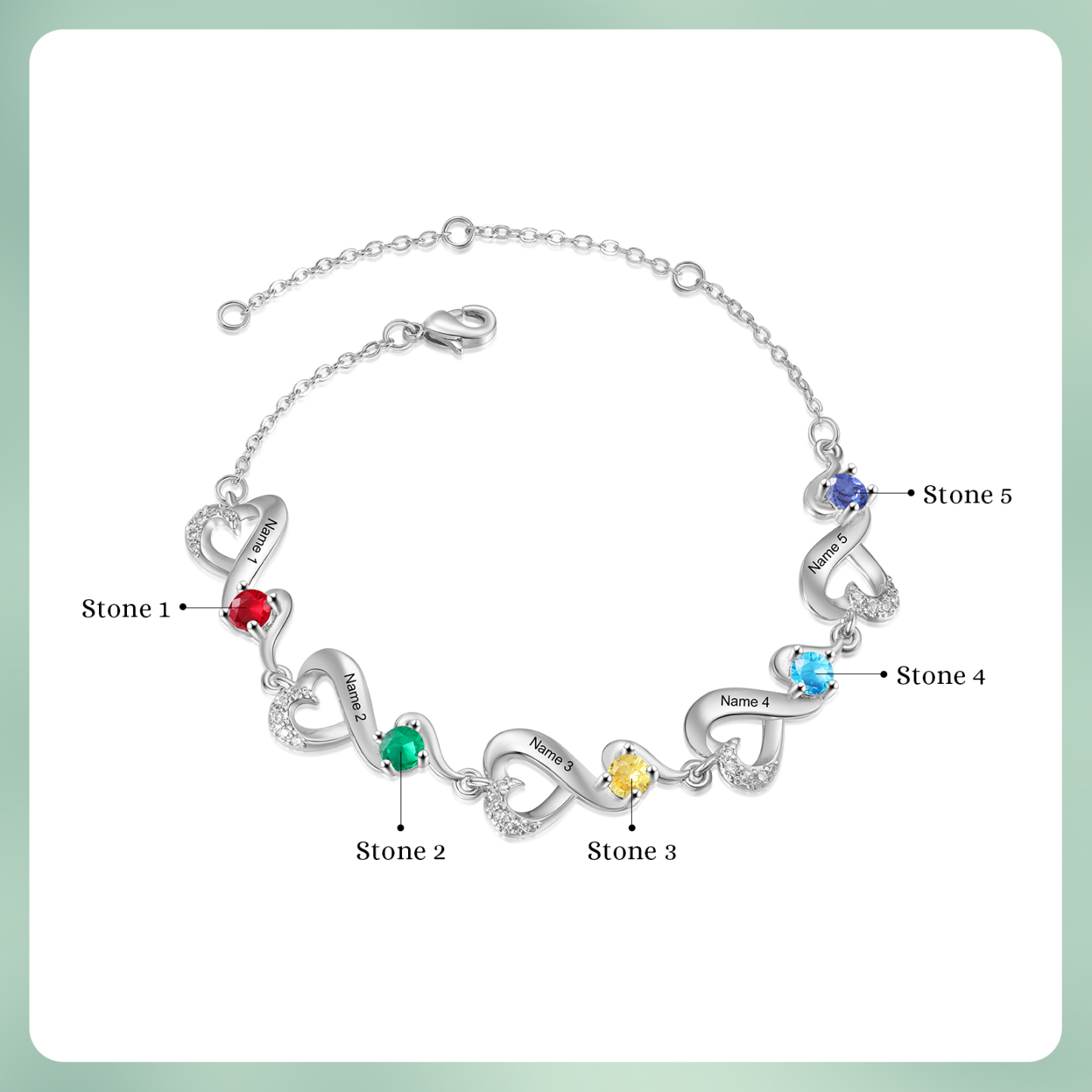Bracelet Coeur Personnalisé avec 5 Prénoms et 5 Pierres de Naissance Bracelet Infini Personalisable pour Femme | Jessemade