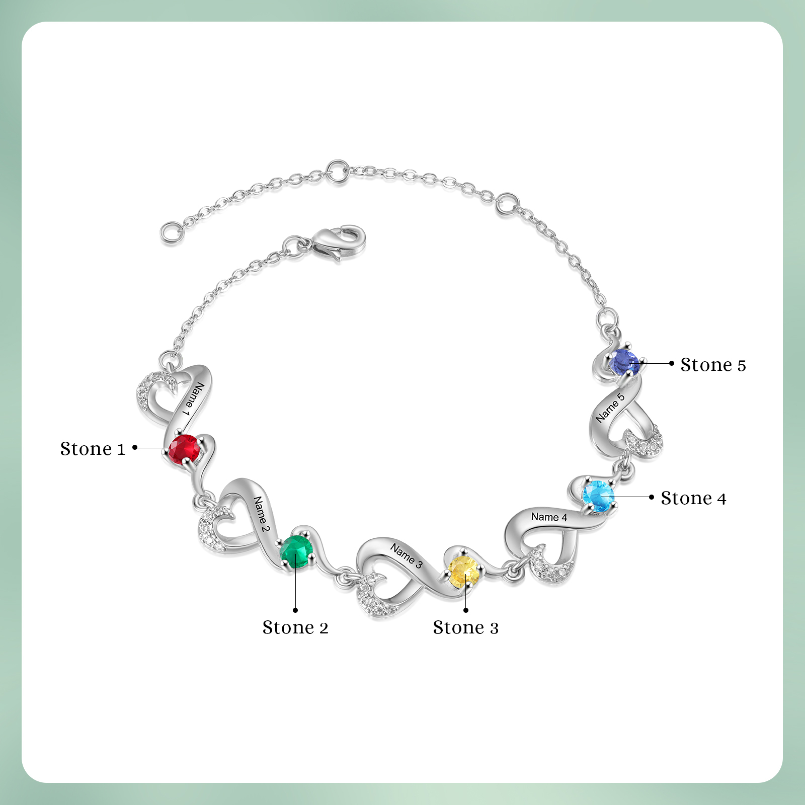 Bracelet Coeur Personnalisé avec 5 Prénoms et 5 Pierres de Naissance Bracelet Infini Personalisable pour Femme | Jessemade