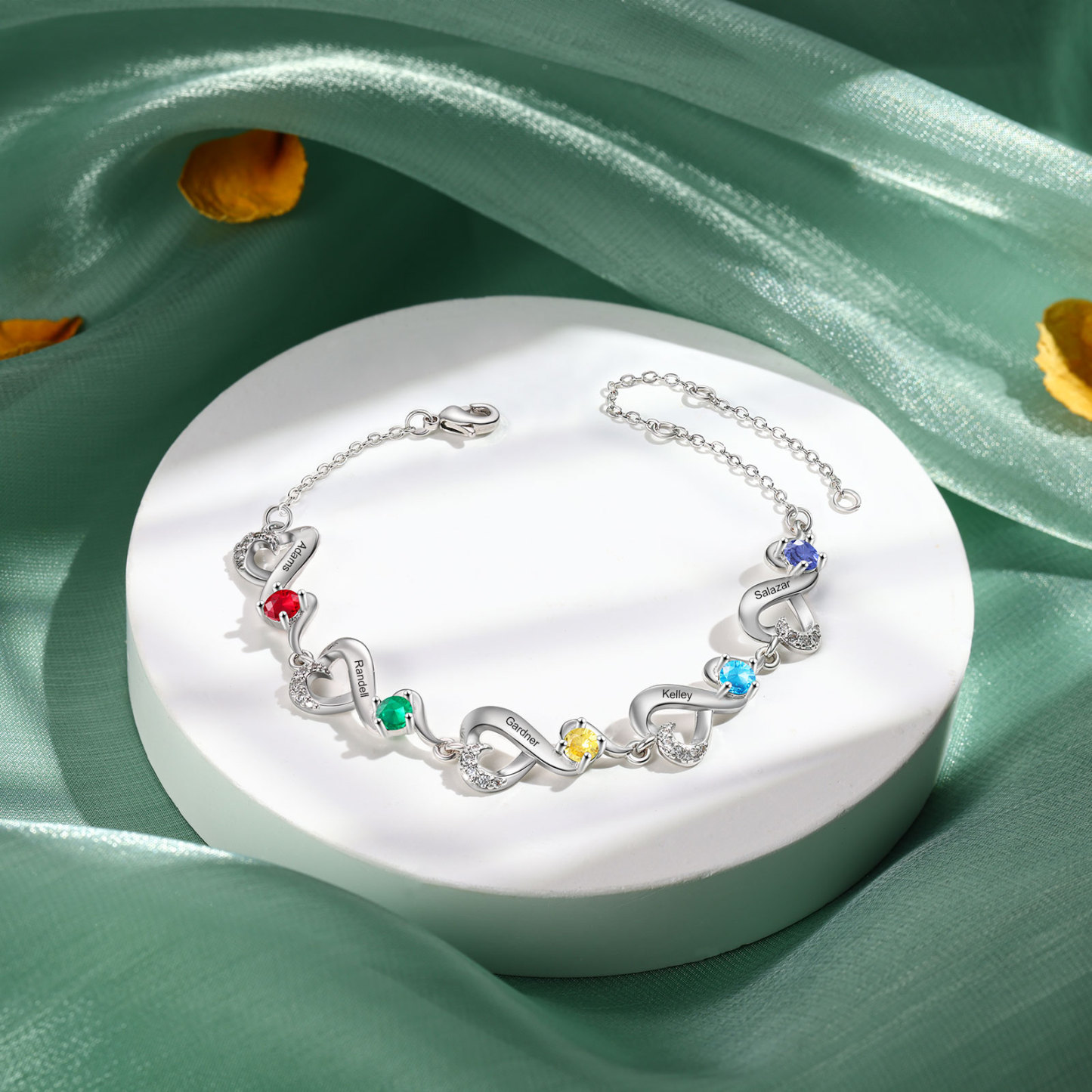 Bracelet Coeur Personnalisé avec 5 Prénoms et 5 Pierres de Naissance Bracelet Infini Personalisable pour Femme | Jessemade