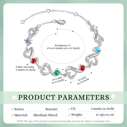 Bracelet Coeur Personnalisé avec 6 Prénoms et 6 Pierres de Naissance Bracelet Infini Personalisable pour Femme | Jessemade