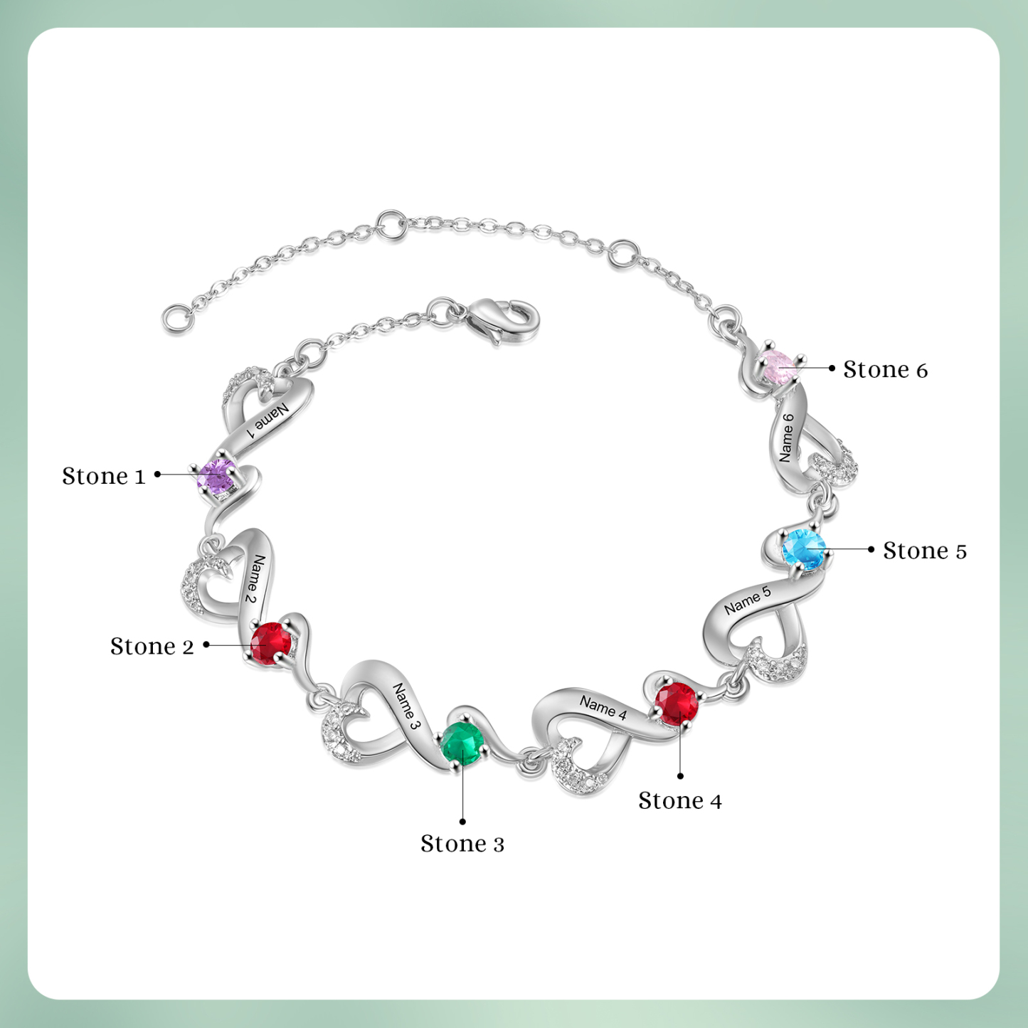 Bracelet Coeur Personnalisé avec 6 Prénoms et 6 Pierres de Naissance Bracelet Infini Personalisable pour Femme | Jessemade