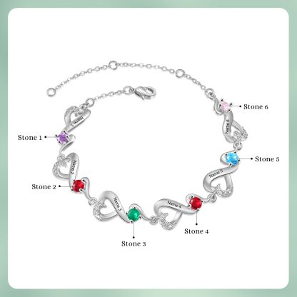 Bracelet Coeur Personnalisé avec 6 Prénoms et 6 Pierres de Naissance Bracelet Infini Personalisable pour Femme | Jessemade