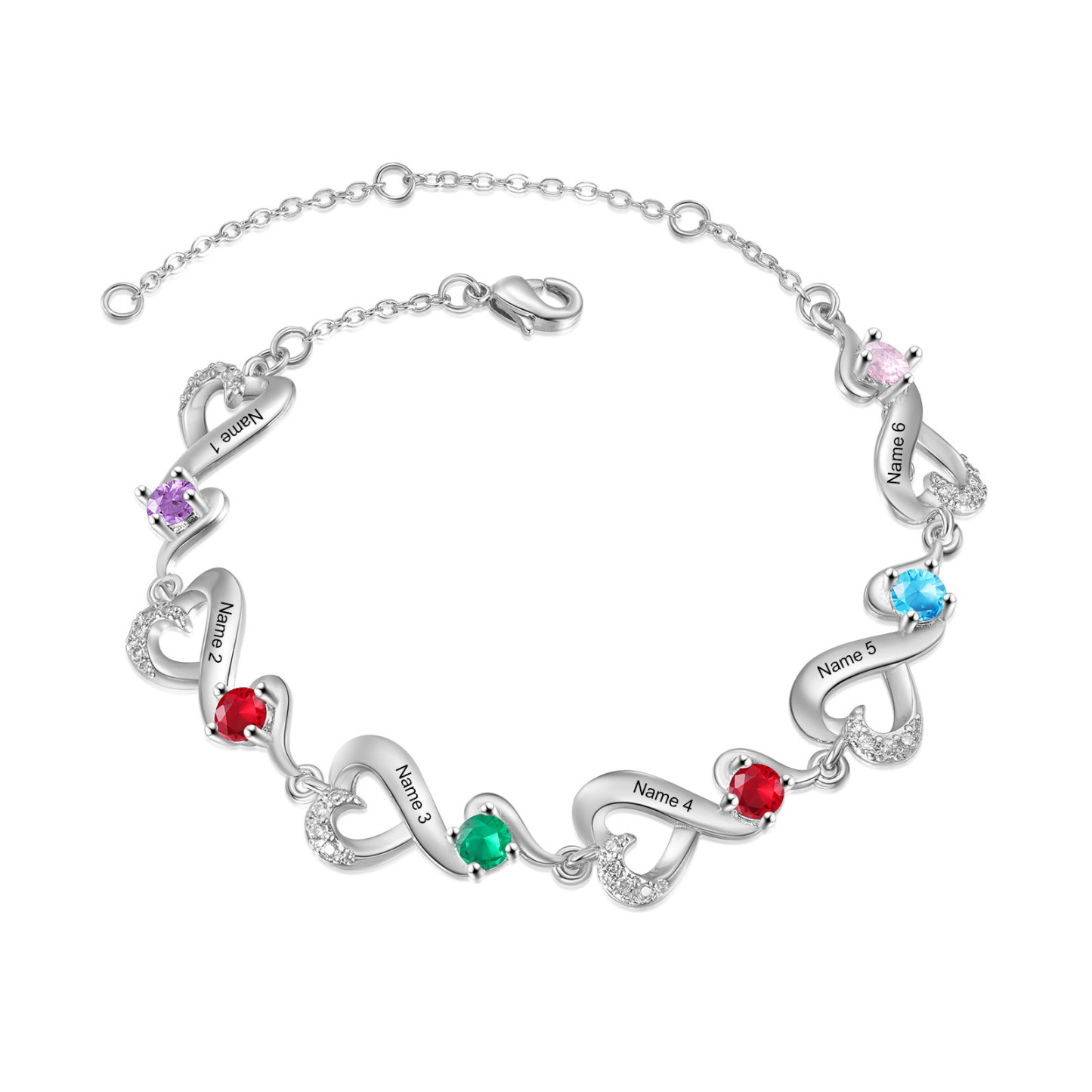 Bracelet Coeur Personnalisé avec 6 Prénoms et 6 Pierres de Naissance Bracelet Infini Personalisable pour Femme | Jessemade