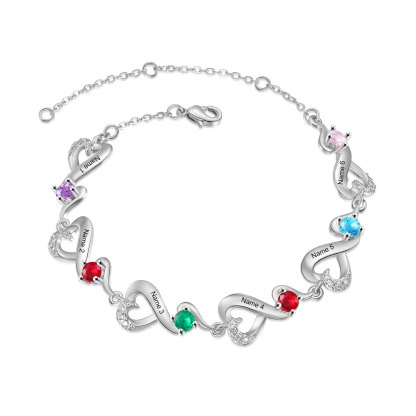 Bracelet Coeur Personnalisé avec 6 Prénoms et 6 Pierres de Naissance Bracelet Infini Personalisable pour Femme | Jessemade