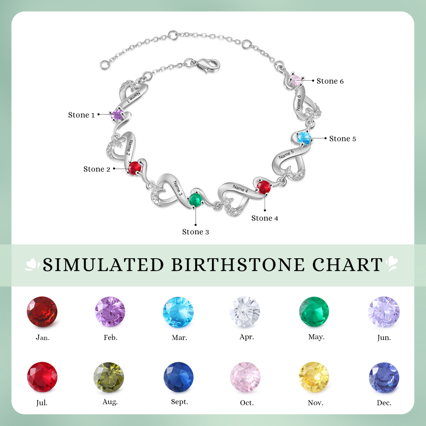 Bracelet Coeur Personnalisé avec 6 Prénoms et 6 Pierres de Naissance Bracelet Infini Personalisable pour Femme | Jessemade