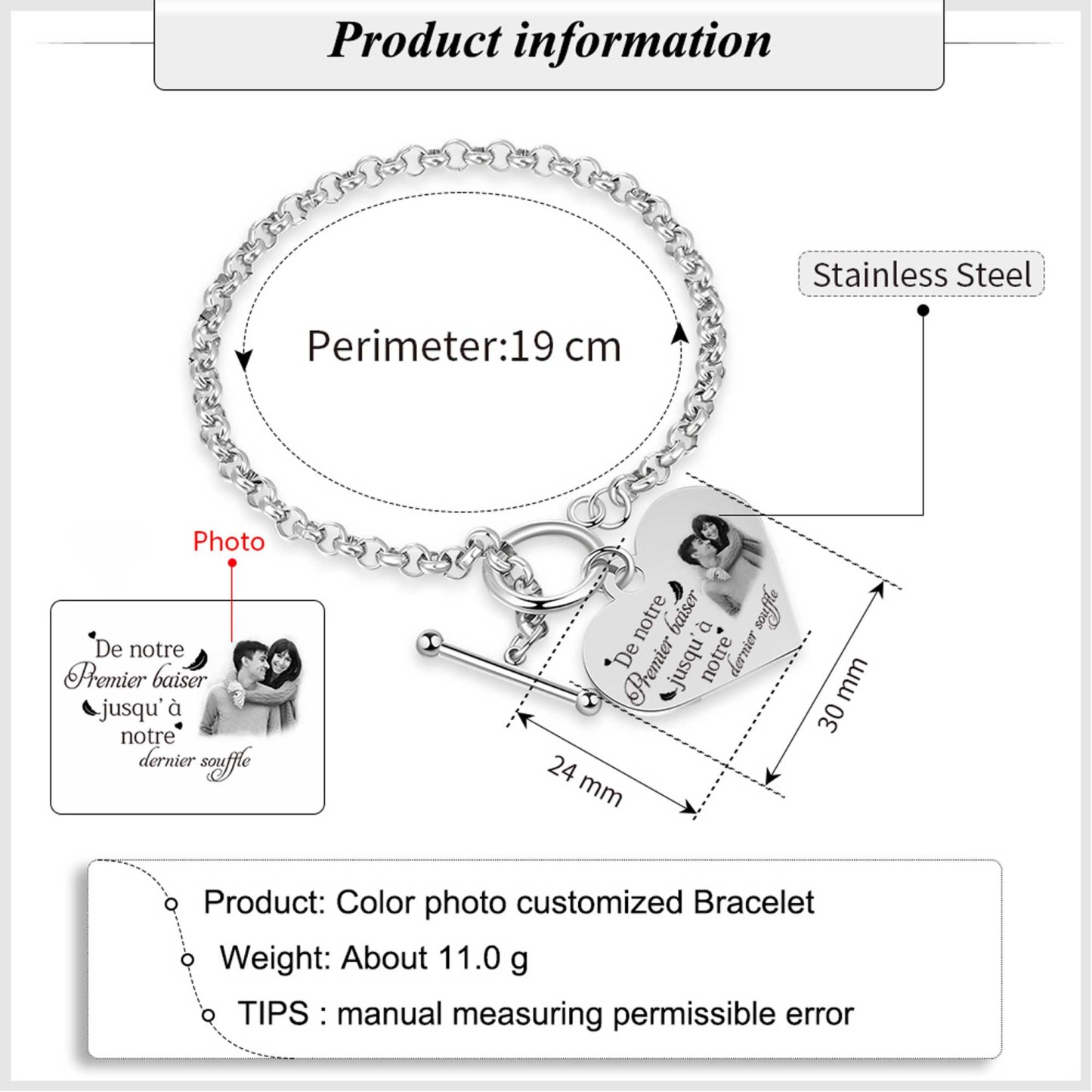 Bracelet Cœur Breloque personnalisé en acier inoxydable avec photo et texte Cadeau Couple | Jessemade